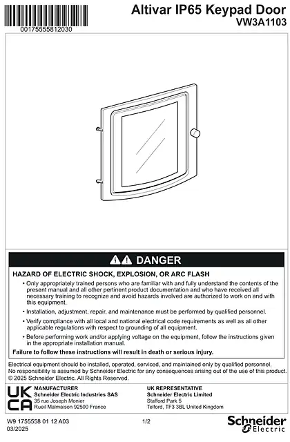 schneider施耐德Instruction sheet - Remote mounting kit IP65 - VW3A1103